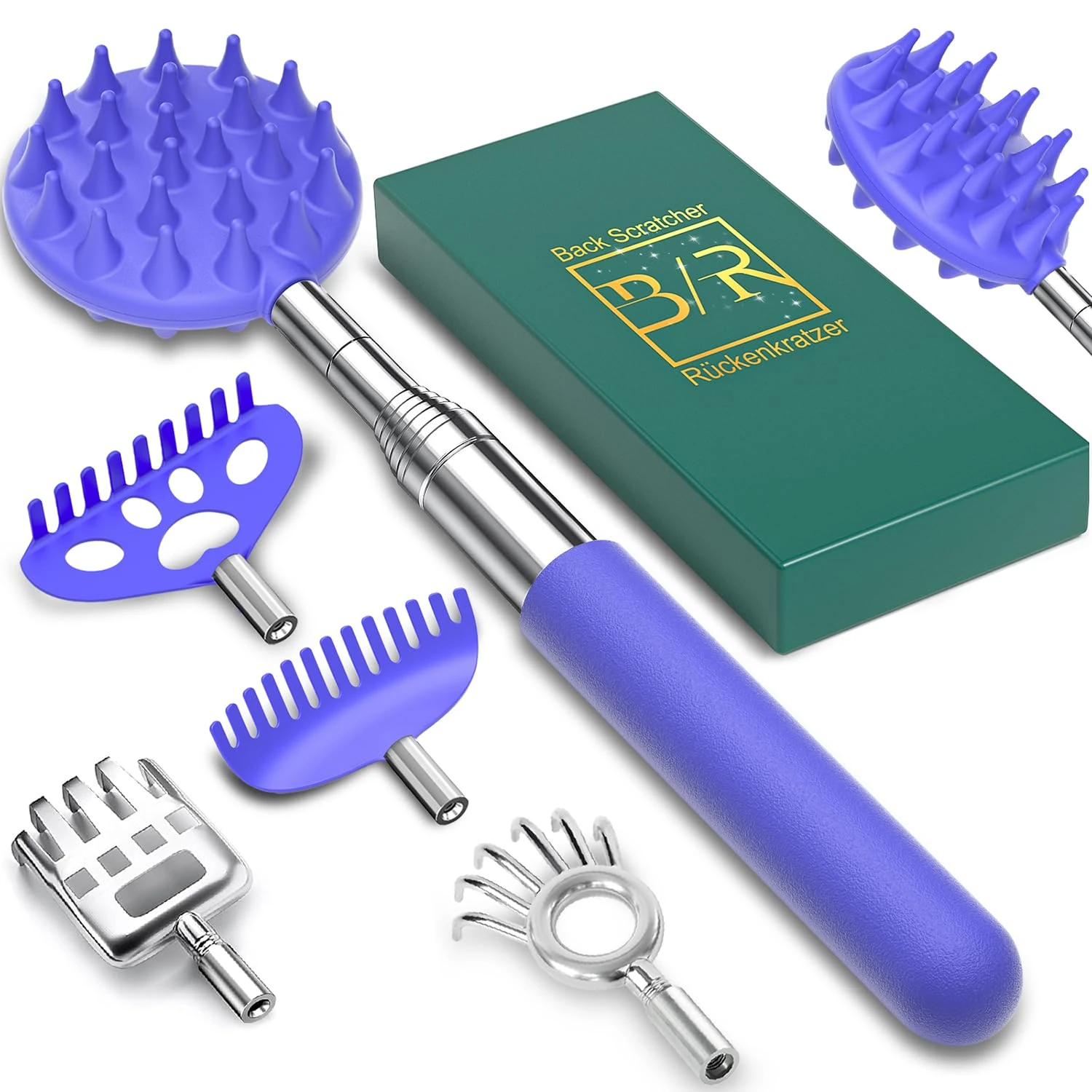 Telescoping Back Scratcher with 5Pcs Detachable Scratching Heads,Gifts for Men Dad Fathers Day Back Scratcher for Men/Women-Blue