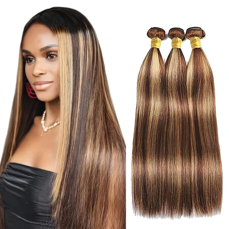 Jucames Human Hair Bundles Straight P4/27 Highlight Blonde Color Double Weft Soft And Silky Human Hair Extensions For Woman Bundle/50g Total 150g 18 20 22 Inch