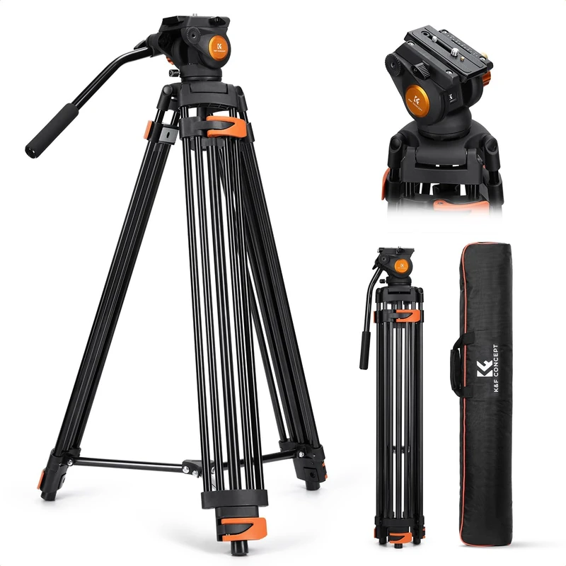 K&F CONCEPT 80"/202cm Video Tripod with Fluid Head, Aluminium Alloy Heavy Duty Camera Tripod with QR Plate, Compatible with Canon/Nikon/Sony Camera, Camcorder, Load Capacity 8kg