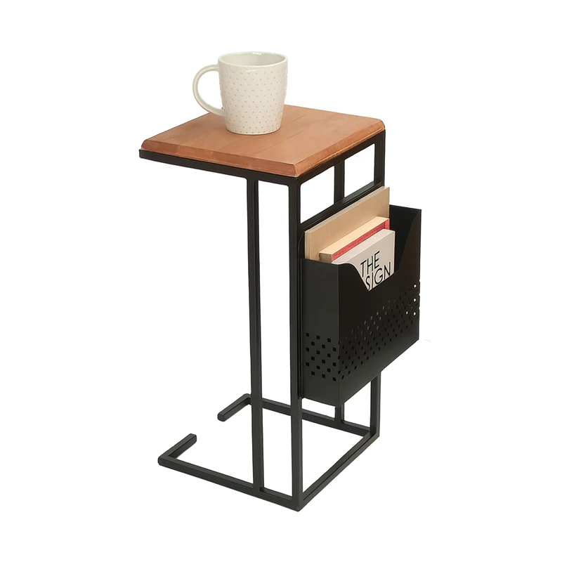 Relaxdays side table with magazine holder, HWD: 63x30x37 cm, wood, metal, C-shape, industrial design, brown/black