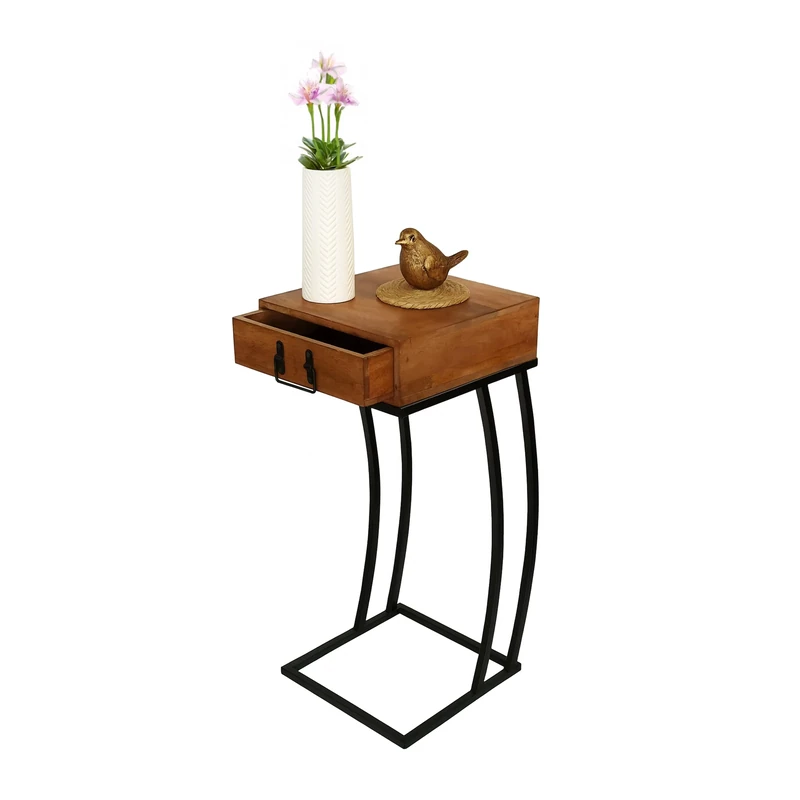 Relaxdays Side Table with Drawer, HxWxD: 70 x 30 x 30 cm, Wood & Metal, C-Shape, Antique Style, Brown/Black, Iron