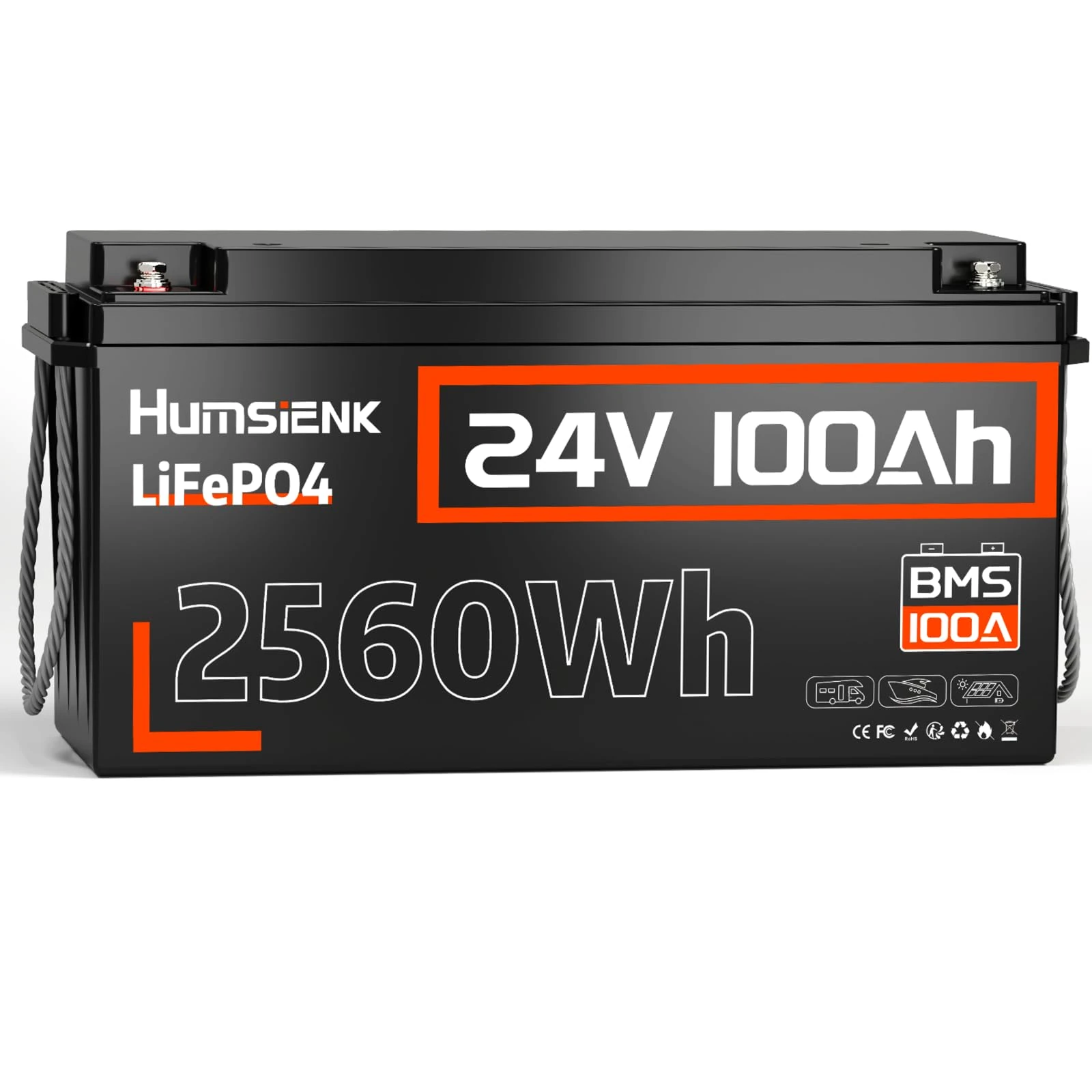 Humsienk 24V 100Ah LiFePO4 Lithium Leisure Battery, 2560Wh Deep Cycle with 100A BMS, 15000+ Cycles & 10 Years Life, Low-Temp Protection, for Campervan, Motorhome, RV, Solar, Marine, Off-Grid