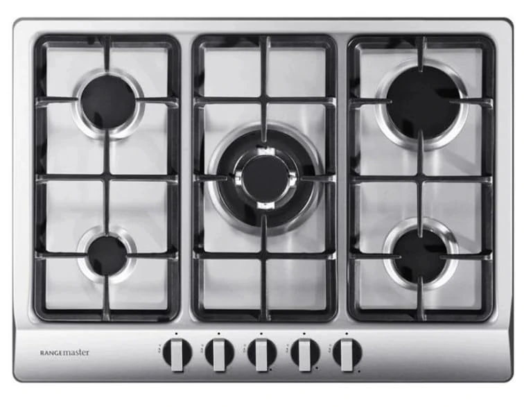RMB70HPNGFSS 70cm Gas Hob, 5 Burner Stainless Steel Hob with Cast Iron Pan Supports, Auto Ignition & Flame Safety Device, LPG Convertible