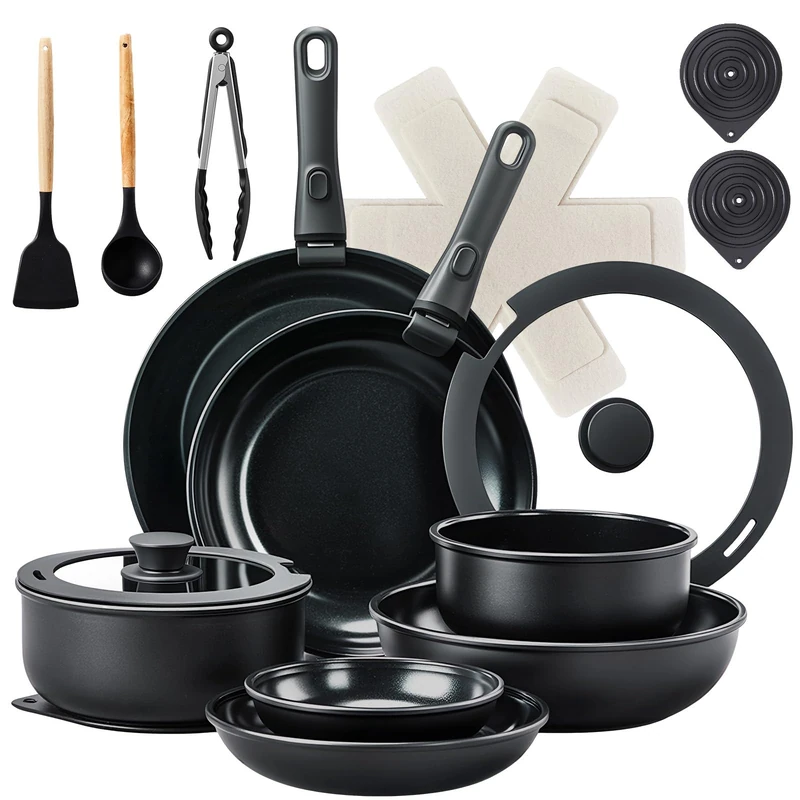 ROVSUN 23 Pcs Nonstick Pots and Pans Set, Cast Aluminum Kitchen Cookware Set with Detachable Handles, RV Kitchen Cooking Set and Utensils, Dishwasher Safe, PFAS PFOA & PFOS Free, Black