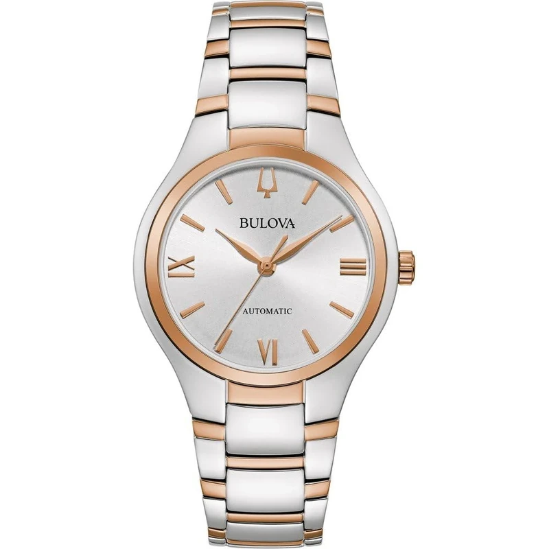 Bulova Sutton Automatic Women's Rose Gold and Silver Watch with Stainless Steel Strap, 3 Bar Water Resistance, Case Diameter: 34 mm, 98L313