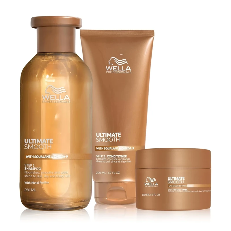 Wella Professionals Ultimate Smooth Hair Bundle – Shampoo, Conditioner & Hair Mask with Squalane & Omega 9 for Dry, Dull & Frizzy Hair (250ml+200ml+150ml)