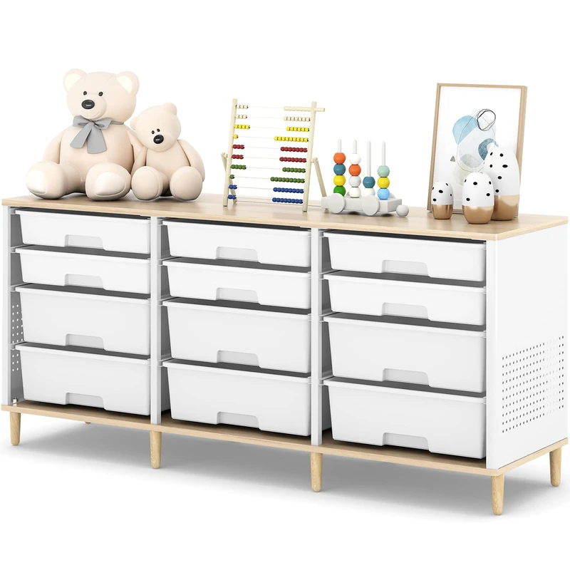 KINGRACK 12 Drawers Storage Cabinet with Wooden Top and Plastic Bins, Toy Storage Organizer Toy Shelf Storage Chest Cubby Organizer for Home, Office, Playroom, Classroom & Craft Room Storage (White)