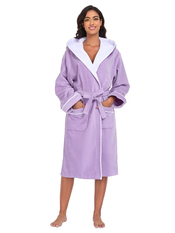 YEAUPE PRO Women's Terry Towelling Bathrobe with Hood, 100% Cotton, Velour Terry Towelling, Dressing Gown for Woman, Lavender purple, M