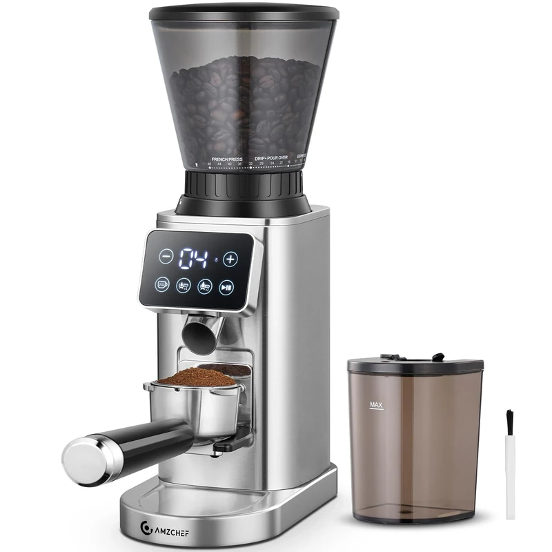 AMZCHEF Electric Coffee Grinder, Burr Coffee Grinders for Home Use, 24 Precise Grind Setting, LED Control Panel, Detachable Portafilter Holder, Matte Silver