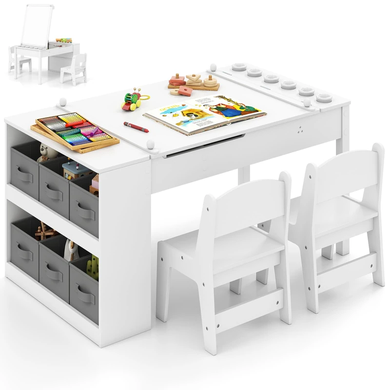GYMAX 2 in 1 Kids Table and Chairs Set, Wooden Children Art Table with 2 Chairs, 6 Storage Boxes, Paper Roller & Shelves, Toddler Activity Table Set for Drawing (White, 6 Cups: 109 x 60 x 55cm)