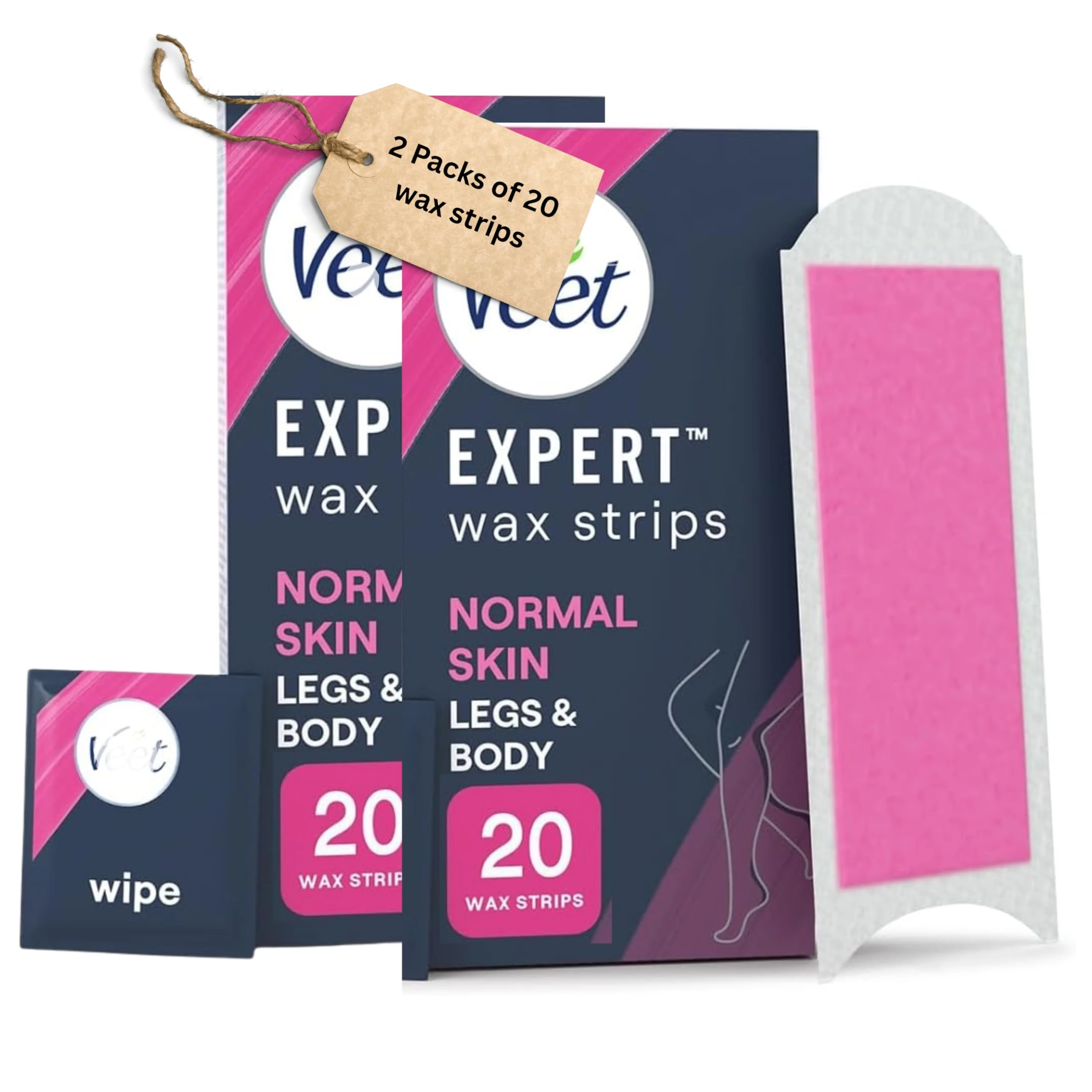 Veèt Expert Cold Wax Strips, Legs & Body, Normal Skin, 2 packs of 20 Wax Strips (40 strips) | 28 Days Smoothness, Shea Butter, Removes Shortest Hair from Root, (4 Finish Wipes with Argan Oil)