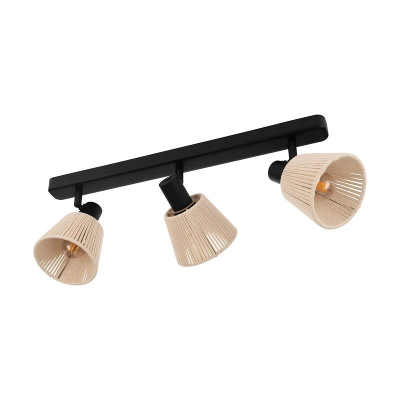 Eglo Spotlight bar Seagard, Light Fitting Boho Style with 3 Flexible Spots, Ceiling lamp for Living Room and Bedroom, Black Steel, Raffia Paper in Natural Colours, E14 Socket