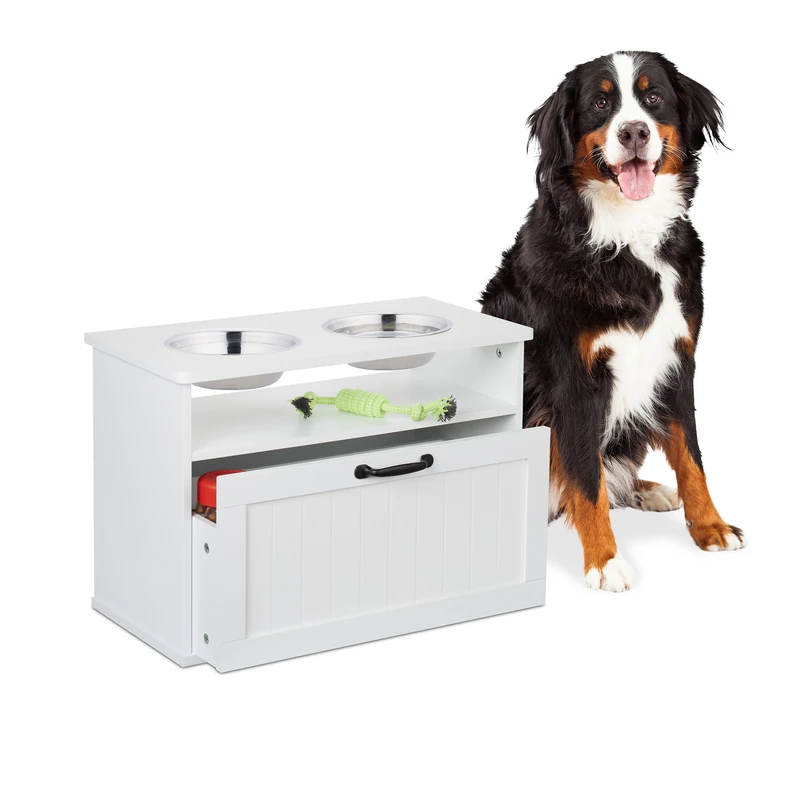 Relaxdays Dog Feeding Station with 2 Bowls, Storage Drawer, Raised MDF Dog Bar, 42x60x30 cm, White