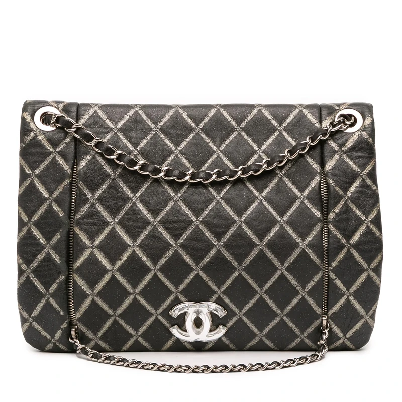 Pre-Loved Quilted Metallic Distressed Lambskin CC Crystal Flap Shoulder Bag