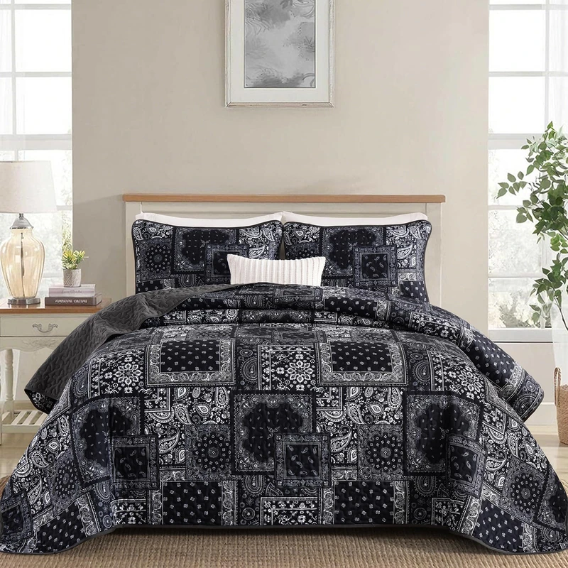 Cottolester Boho Patchwork Quilt Set Queen Size,Black Grey Bedspread,Paisley Floral Bedding Set Soft Microfiber Quilt with 2 Pillow Shams 96"x90"