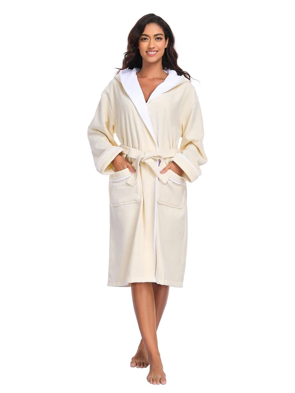 YEAUPE PRO Women's Terry Towelling Bathrobe with Hood, 100% Cotton, Velour Terry Towelling, Dressing Gown for Woman, beige, S