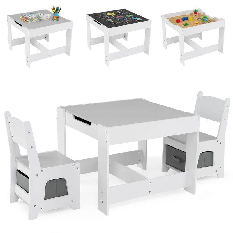 GYMAX Kids Table and Chair Set, Children Activity Table with 2 Chairs, Detachable Double-Side Tabletop & Storage Drawers, 3 Pcs Toddler Furniture Set for 3 Years Old+ Boys Girls (Grey+White)