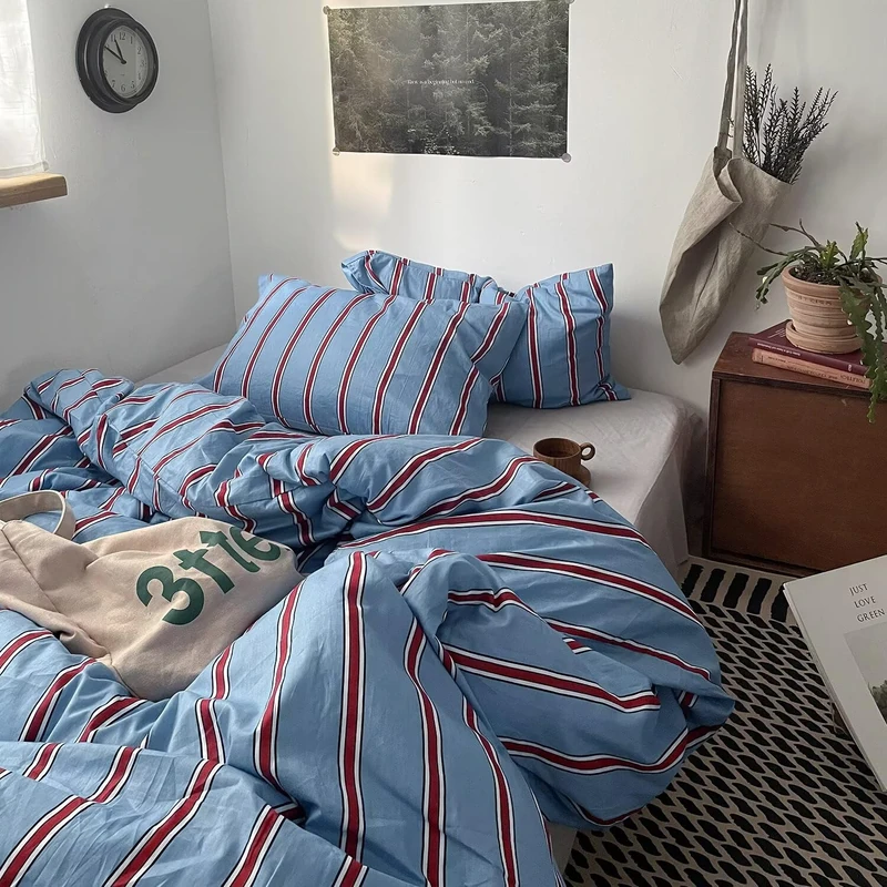 mixinni Vintage Blue & Red Striped Comforter Set Twin XL Size - Soft Cotton 3-Piece Bedding Set (1 Comforter + 2 Pillowcases), Retro Geometric Stripes Pattern, All-Season Lightweight & Breathable