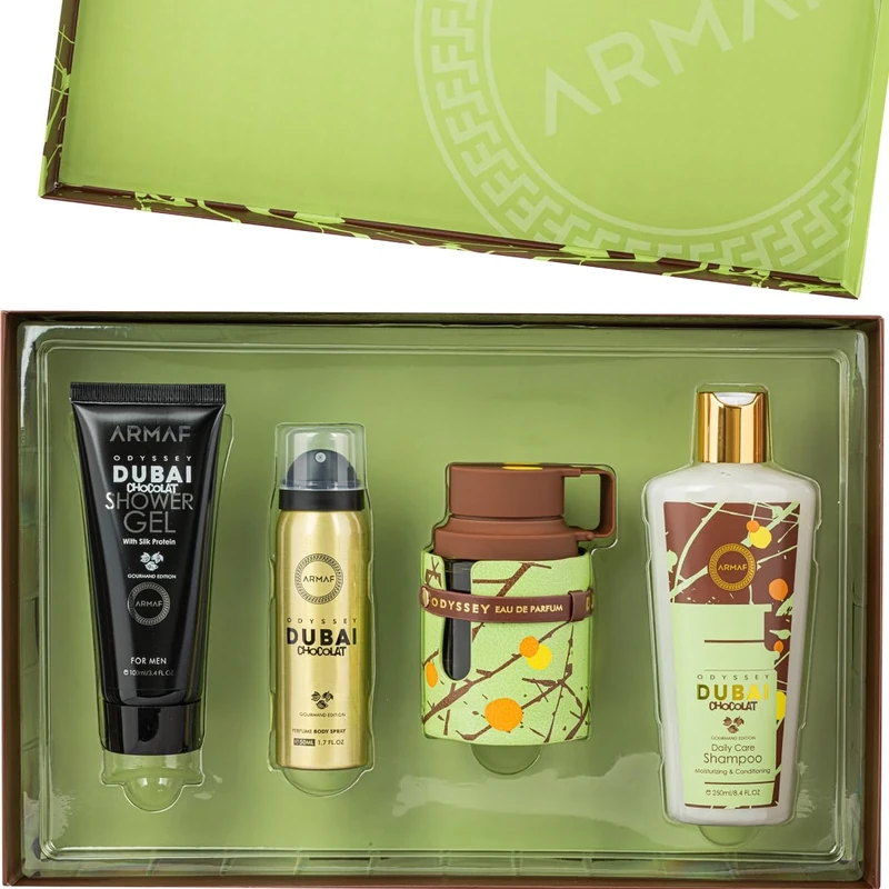 Armaf Perfumes Odyssey Dubai Chocolat Gourmand 4 Pieces Gift Set For Men, Eau De Parfum 100ml, Body Spray 50ml, Hair Shampoo 250ml, Shower Gel 100ml, Long Lasting Fragrance With Chocolate & Pistachio