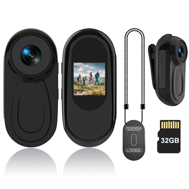 RUMUCF Mini Body Camera HD 1080P Thumb Action Cam with 32GB Card Night Vision 0.9 Display Magnetic Pendant, POV Wearable Sports Camera for Pet Cycling Vlogging