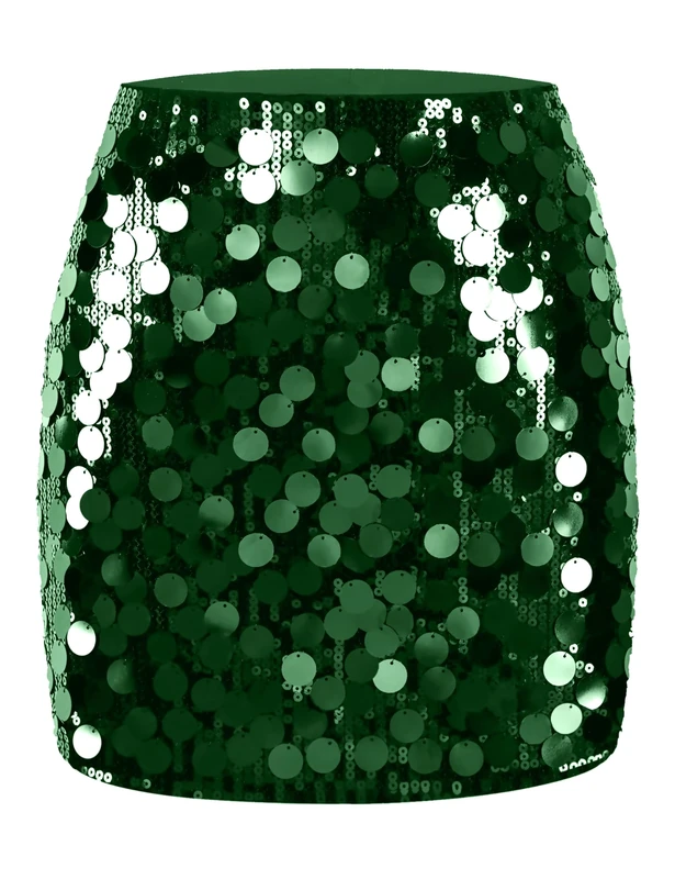 MANER Women's Sequin Skirt Sparkle Stretchy Bodycon Mini Skirts Night Out Party, Big Dark Green, L