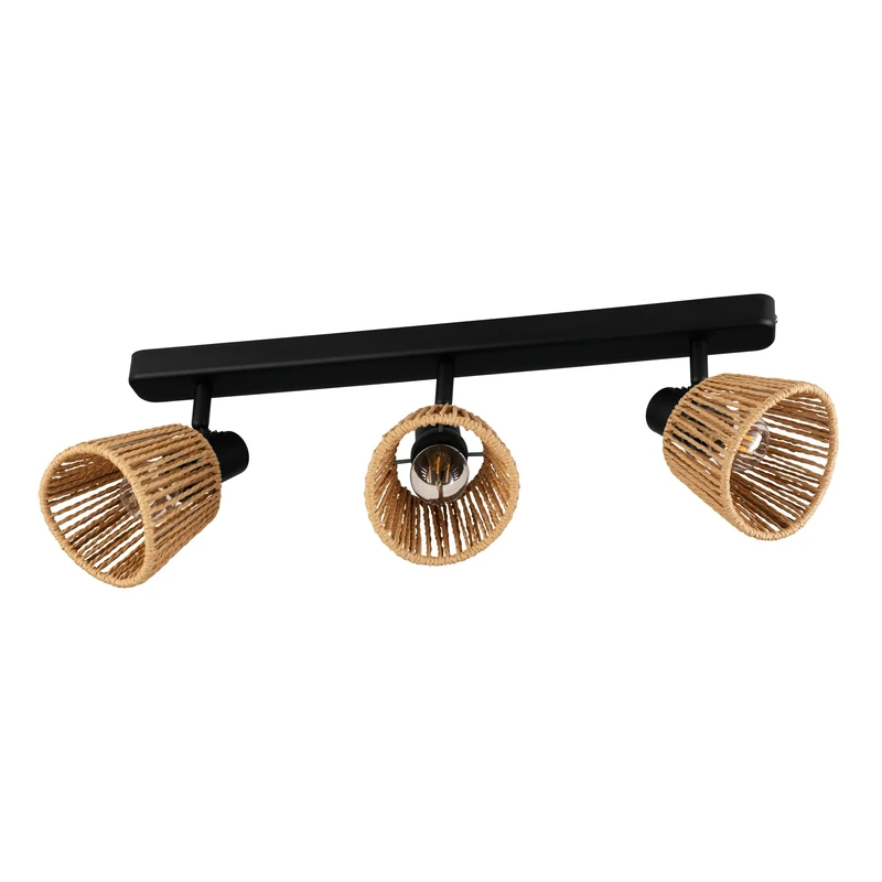 Eglo Spotlight bar Keelby, Light Fitting Boho Style with 3 Flexible Spots, Ceiling lamp for Living Room and Bedroom, Black Steel, Raffia Paper in Natural Colours, E14 Socket