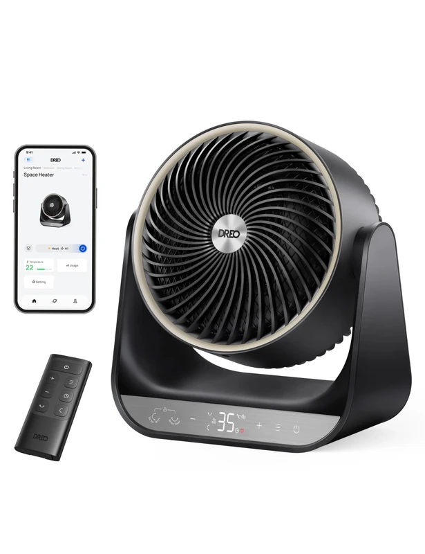 Dreo Smart Space Heater, Electric Heater for Whole Room Use with Remote, 12.14 ft/s Portable Heater for Indoor Use, 70° Oscillation, 3 Modes, 8 Safety Protections, Fast Heat for Bedroom, Office, Black