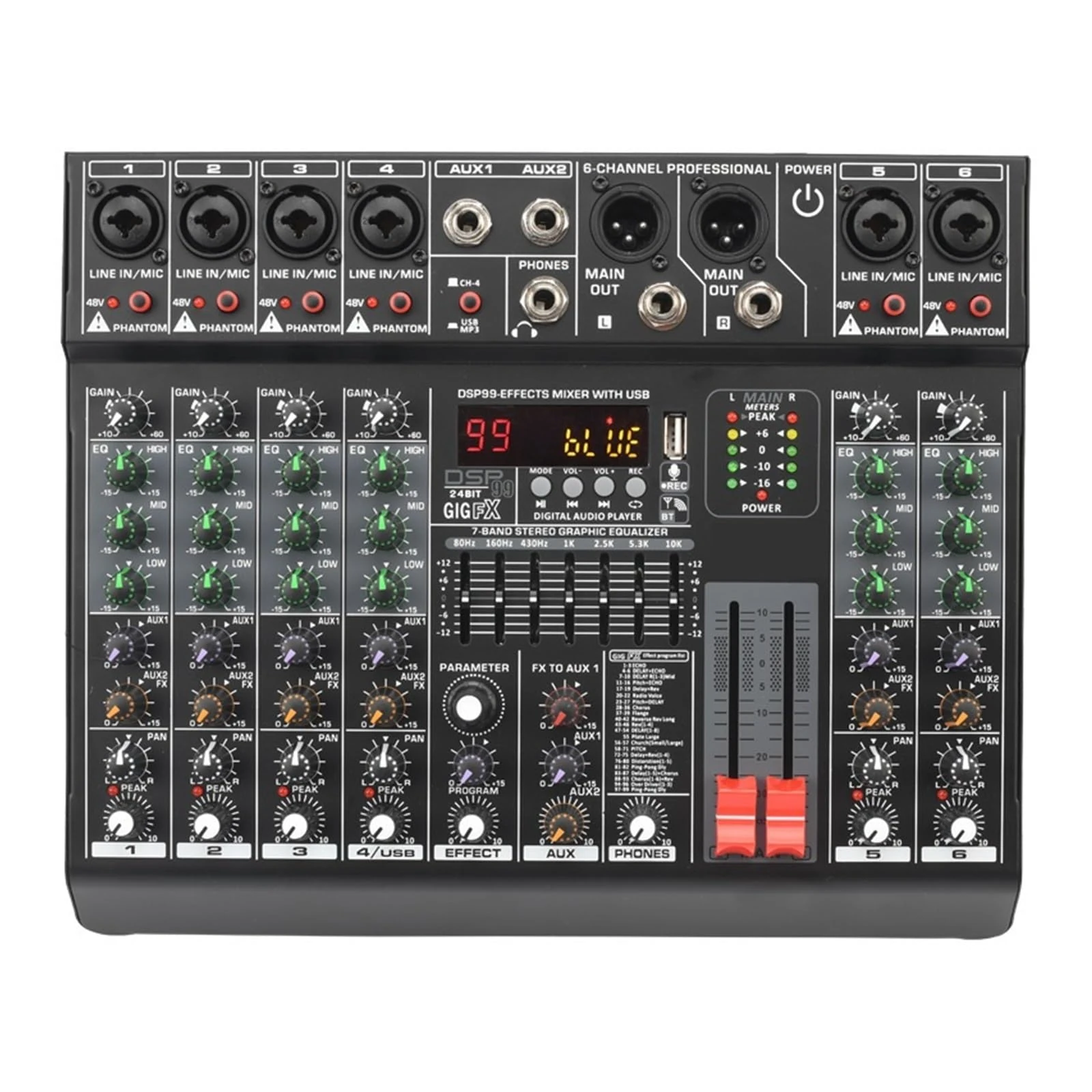 ZKLGS Audio Mixer, 6 Channel Sound Mixer 99 Effect Mix Table EQ Audio Mixing Console Desk USB Play Record 48V DJ Controller