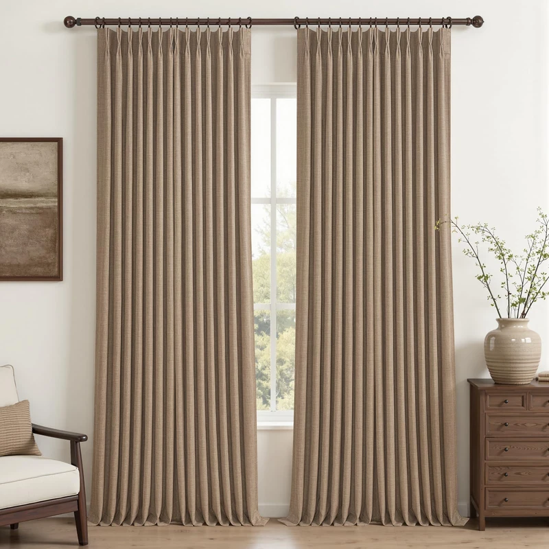 Rust Brown Pleated Blackout Curtains 96 Inches Long for Living Room Natural Linen Memory Trained Rustic Privacy Curtain 8 ft Long Set of 2 Panels