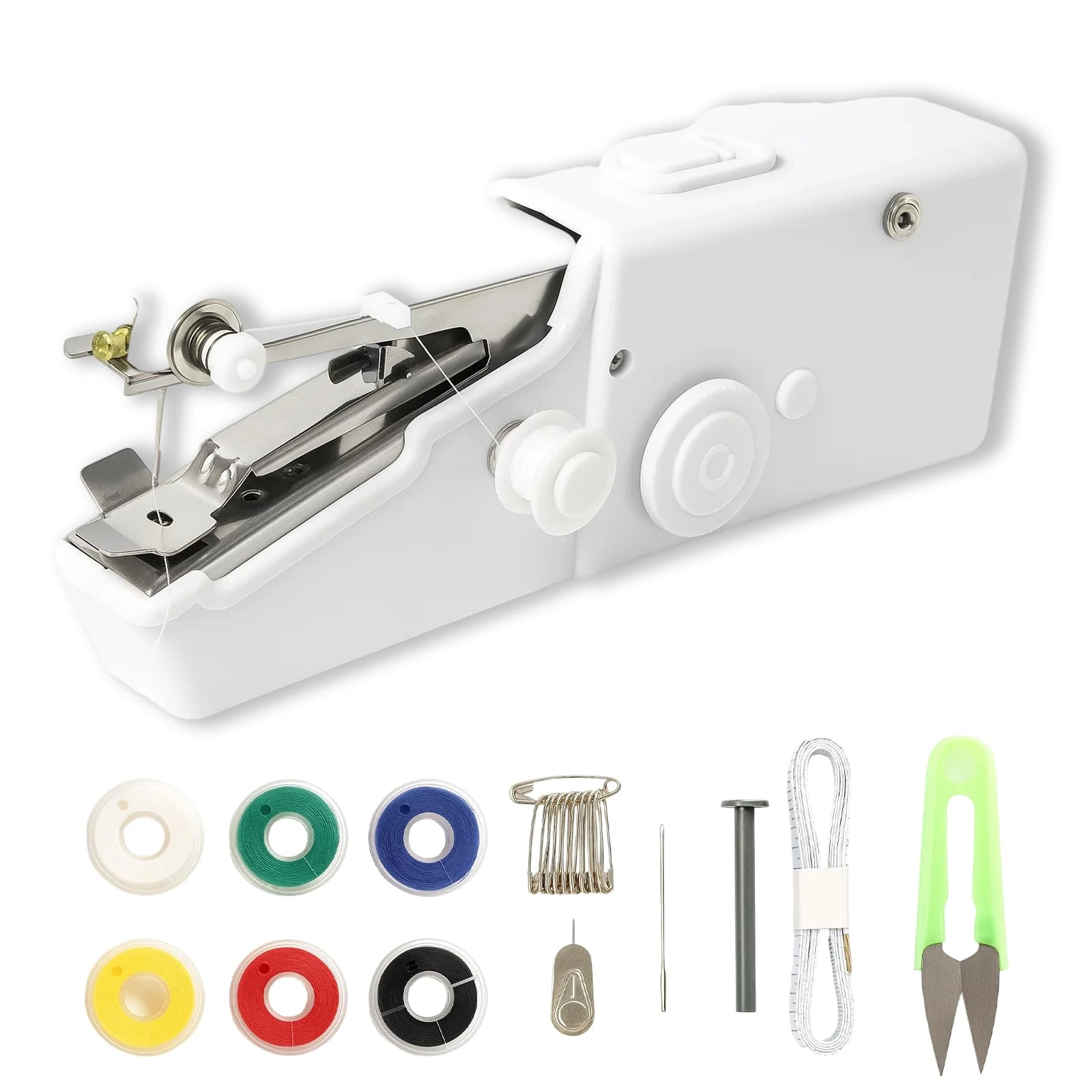Hand Sewing Machine Set, Handheld Sewing Machine with Mini Sewing Machine, 6 Spools, Scissors, Pins, Tape Measure, Ideal for Beginners, DIY, Travel, Gift, White