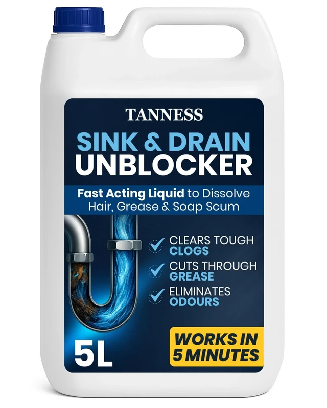 Tanness 5 Litre Drain Unblocker - Heavy Duty Sink & Drain Cleaner for Plug Holes, Toilets, Showers & Pipes - Powerful Toilet & Sink Unblocker for Home, Office, Garage & Shops - Cleaning Supplies