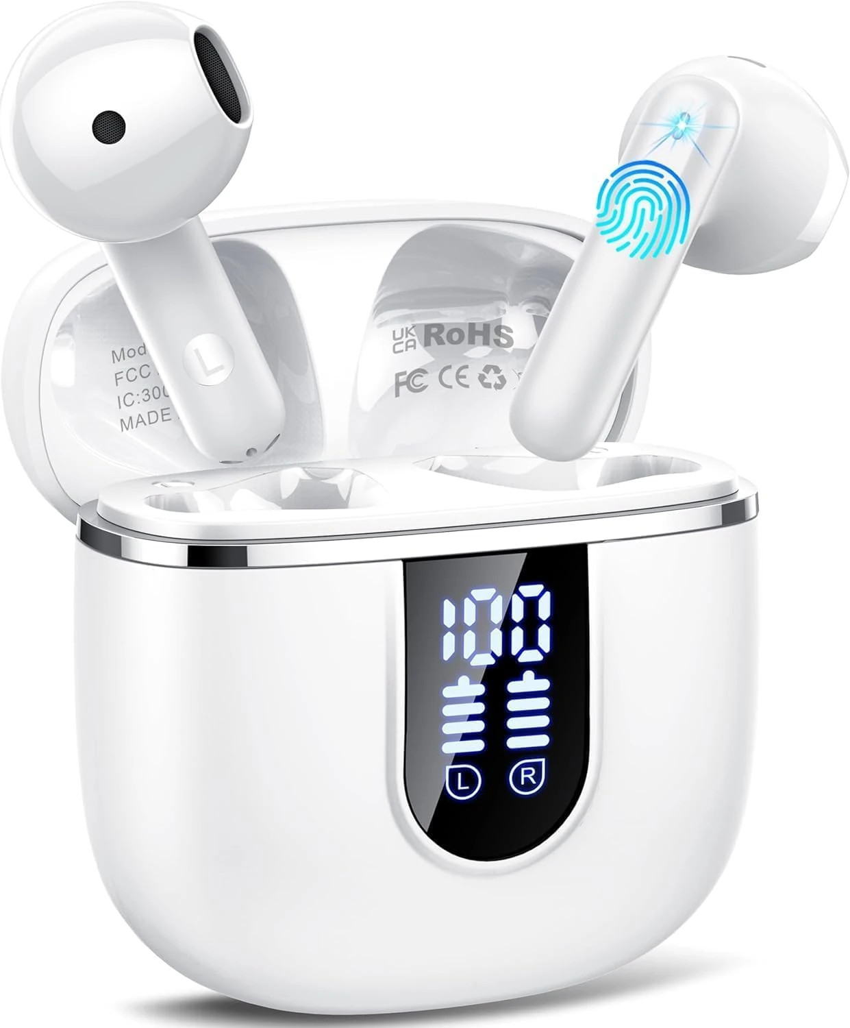 Wireless Earbuds, Bluetooth 5.4 Earphones In Ear Hi-Fi Stereo Deep Bass, Bluetooth Headphones with 4 ENC Noise Cancelling Mic, 40H Playback IP7 Waterproof Earbuds Comfortable Earbuds for Work, White