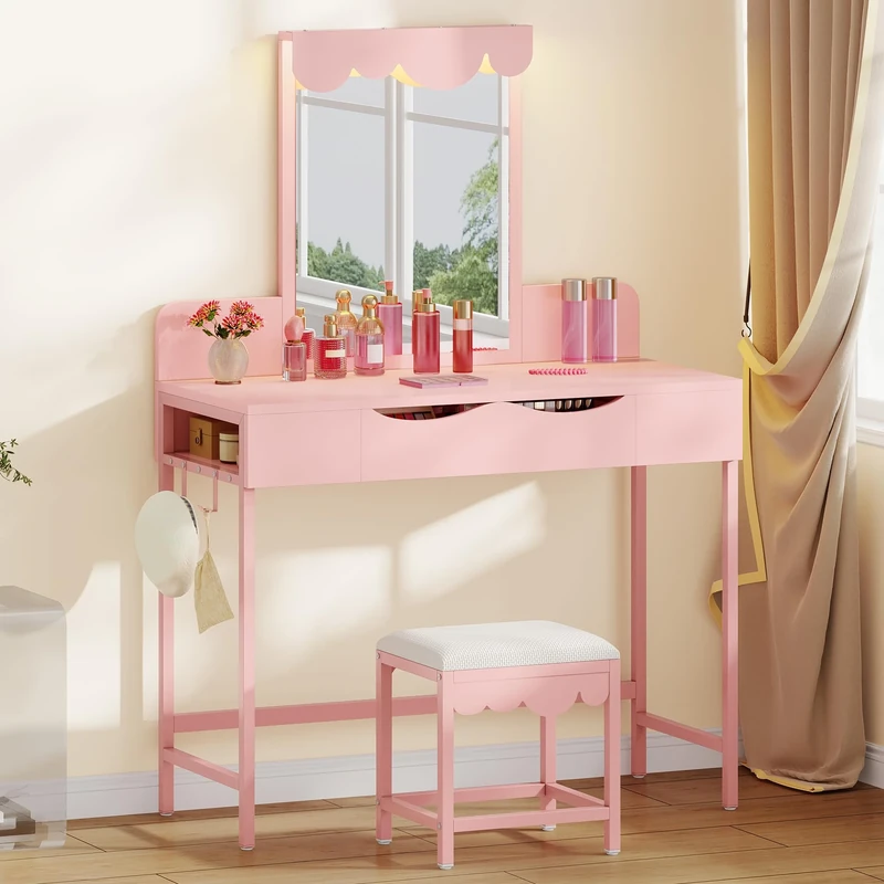 YITAHOME Dressing Table with Mirror & Cloud-Shaped Accent, Makeup Vanity Desk with 3-Color Dimmable LED Lighting, Drawer, Side Holders, & Stool for Dressing Room, Bathroom, Pink