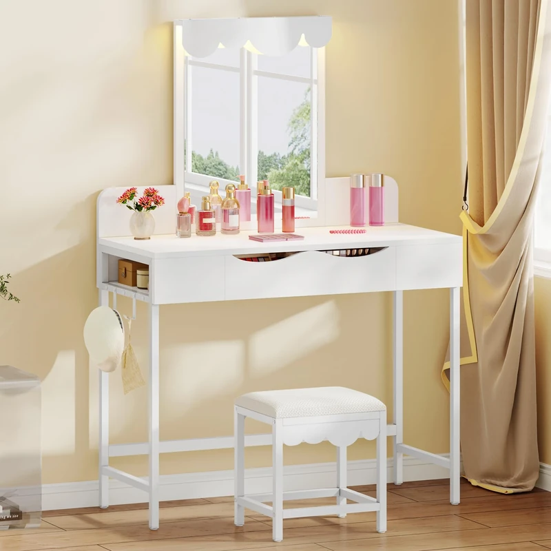 YITAHOME Dressing Table with Mirror & Cloud-Shaped Accent, Makeup Vanity Desk with 3-Color Dimmable LED Lighting, Drawer, Side Holders, & Stool for Dressing Room, Bathroom, 100x40x140cm, White
