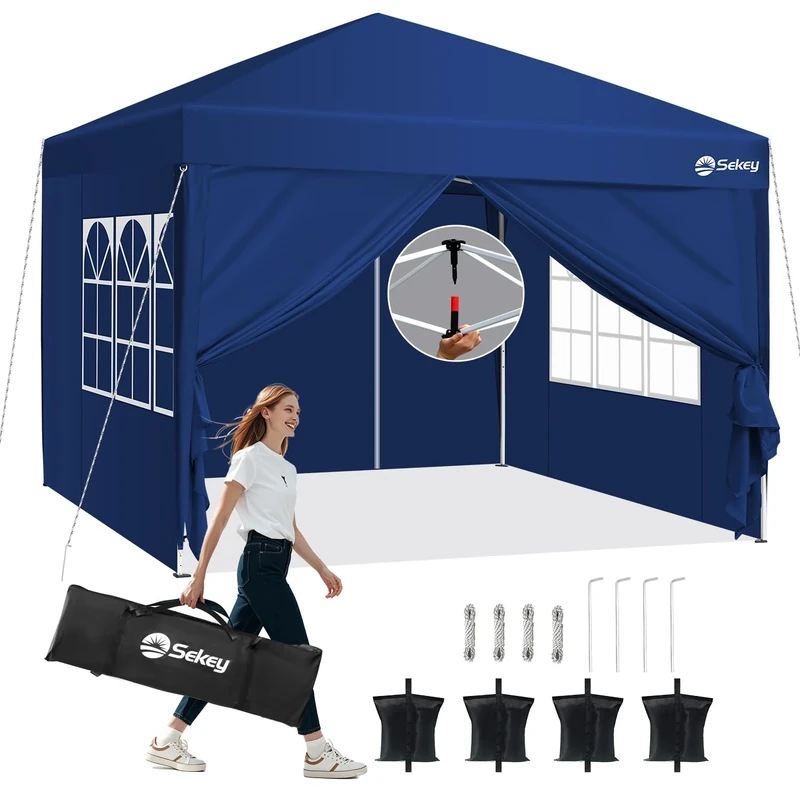 Sekey 3m x 3m One-Touch Pop Up Gazebo with Sides – Instant Setup, Heavy Duty & Waterproof 1000mm, Includes 4 Weight Bags for Extra Stability – Perfect for Outdoor Events, (Navy, 3 x 3 with Sides)