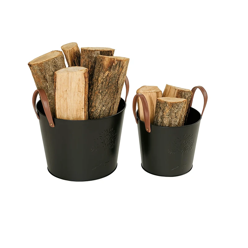 Relaxdays Carrier Set of 2, Firewood & Kindling, Metal, Leather Handles, Tree of Life Design, Black/Brown, Iron, Real, 35 x 45 x 45 cm