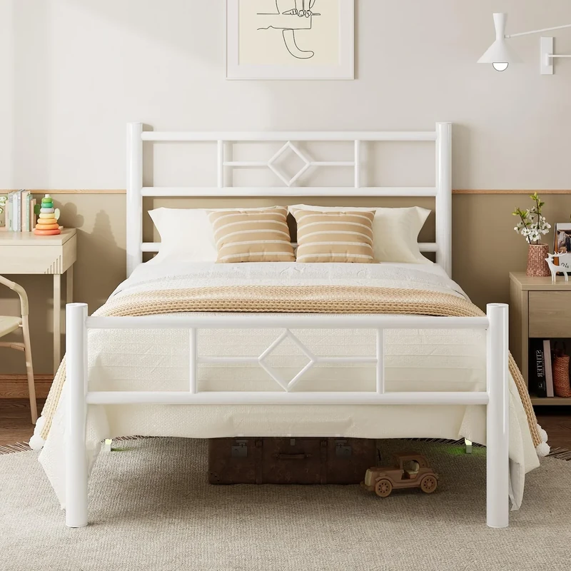 Feonase Single Bed Frame with Headboard and Footboard, Metal Platform Bed Frame Single with Underbed Storage, Solid Metal Slats Support, No Box Spring Needed, Noise Free, Easy Assembly, White