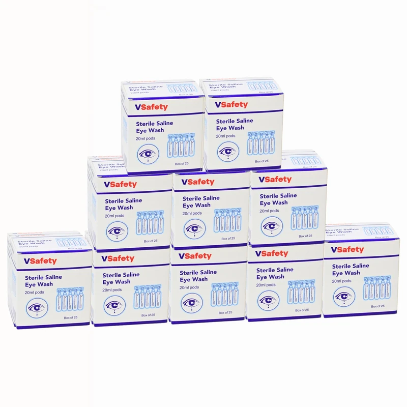 V Safety 250 x Sterile Saline Eye Wash Pods 20ml (10 Boxes) Bulk Pack - 0.9% Sodium Chloride Eyewash Solution - Single Use Eye Pods for First Aid & Emergency Rinse - for Irrigation & Minor Irritation