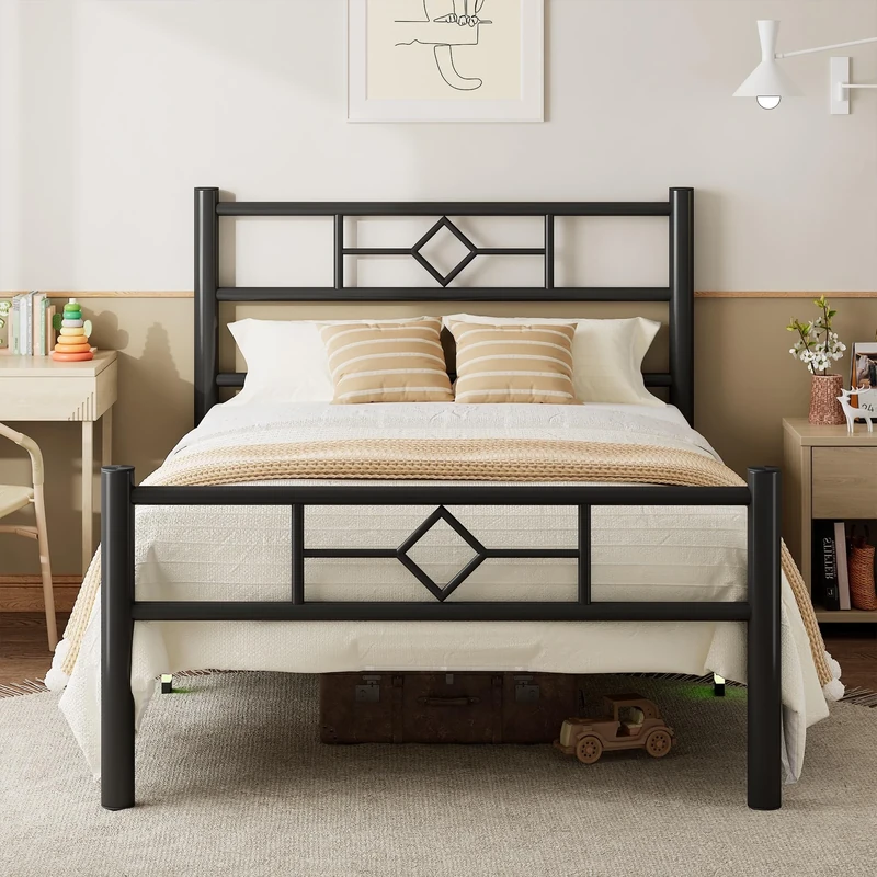 Feonase Single Bed Frame with Headboard and Footboard, Metal Platform Bed Frame Single with Underbed Storage, Solid Metal Slats Support, No Box Spring Needed, Noise Free, Easy Assembly, Black