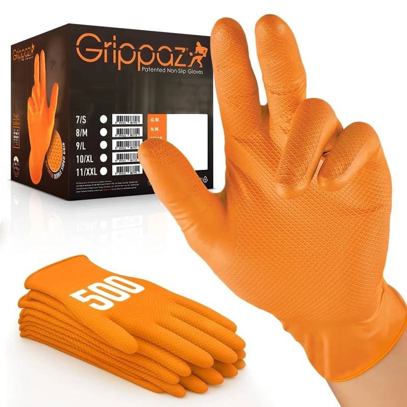 RAP Gloves (Pack of 500 Gloves Grippaz Nitrile Gloves Working Gloves Extremely Robust Non - Slip Ideal for Workshops Mechanics Industry Rubber Disposable Gloves (Orange, Large)