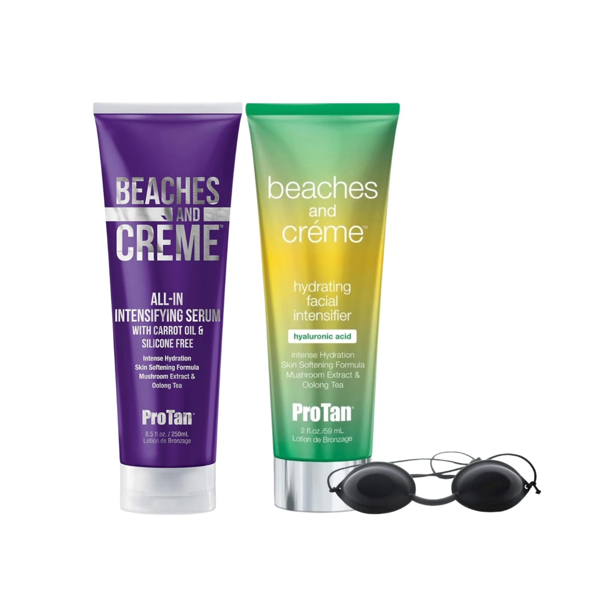 Beaches & Crème Tanning Serum & Facial Intensifier Bundle | With Hyaluronic Acid, Carrot Oil & Tattoo ColorShield for Dark Glow, Anti-Ageing Skin Care & Sunbed Goggles Included
