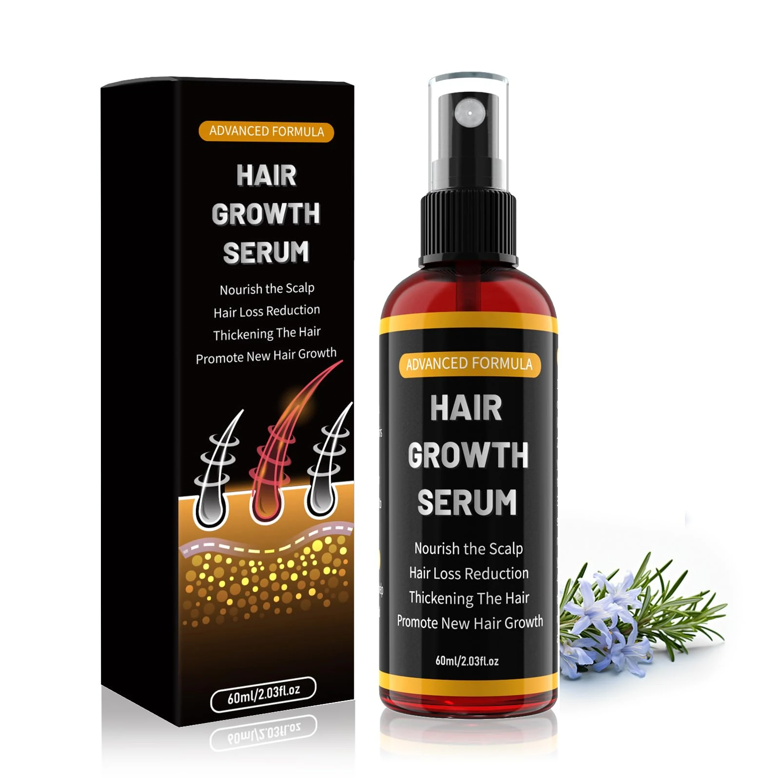 Hair Growth Oil Spray For Men And Women, Rosemary Oil for Hair Growth, Prevents Hair Loss, With Castor Oil Organic & Biotin Hair Growth Oil, Hair Serum & Beard Growth Kit, 60ml