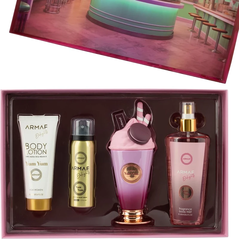 Armaf Perfume Delights Yum Yum 4 Pieces Gift Set For Women, Eau De Parfum 100ml, Body Spray 50ml, Hair Shampoo 250ml, Shower Gel 100ml, Long Lasting Floral Fruity Fragrance With Cherry & Vanilla