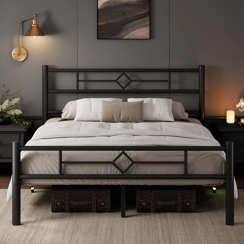 Feonase Double Bed Frame with Headboard and Footboard, Metal Platform Bed Frame Double with Underbed Storage, Solid Metal Slats Support, No Box Spring Needed, Noise Free, Easy Assembly, Black