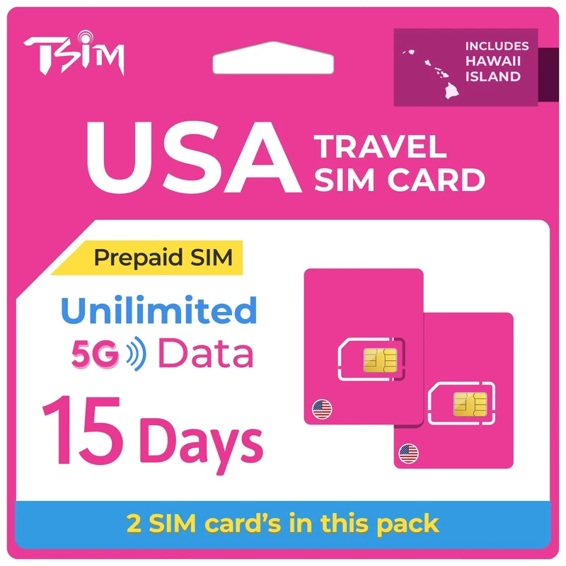 Prepaid SIM Card USA Travel – 2 Pack | 15 Days | Unlimited 5G Data, Calls & Texts on T-Mobile Network (Hawaii Included) | Upgraded 5G SIM Card!
