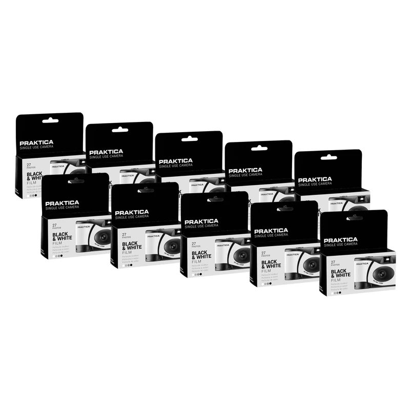 Praktica Single Use Disposable Camera 27 Shots Black & White Film Pack of 10 for weddings, gatherings, travel & more