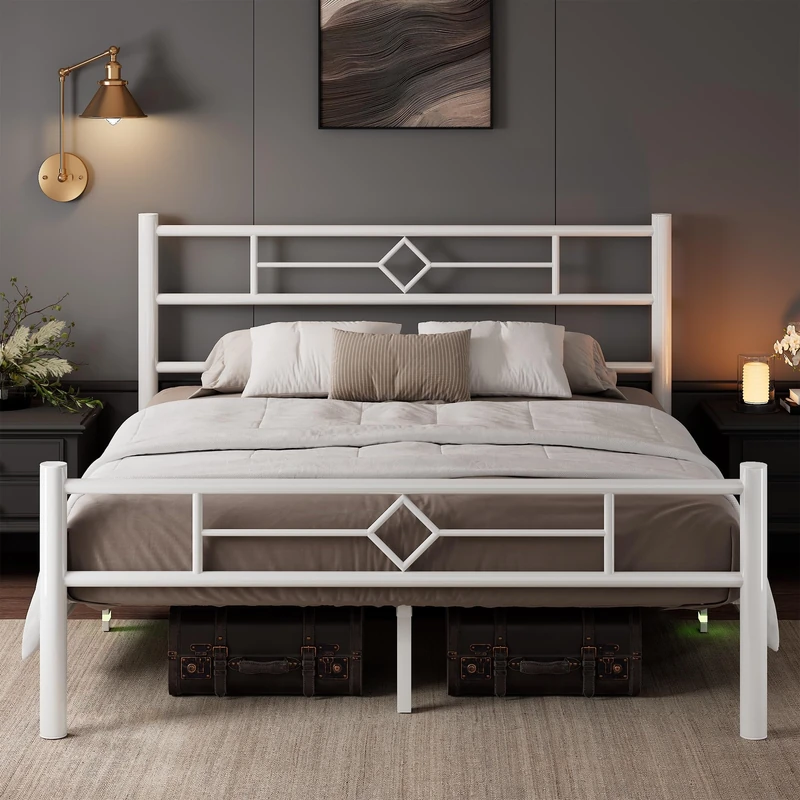 Feonase Double Bed Frame with Headboard and Footboard, Metal Platform Bed Frame Double with Underbed Storage, Solid Metal Slats Support, No Box Spring Needed, Noise Free, Easy Assembly, White