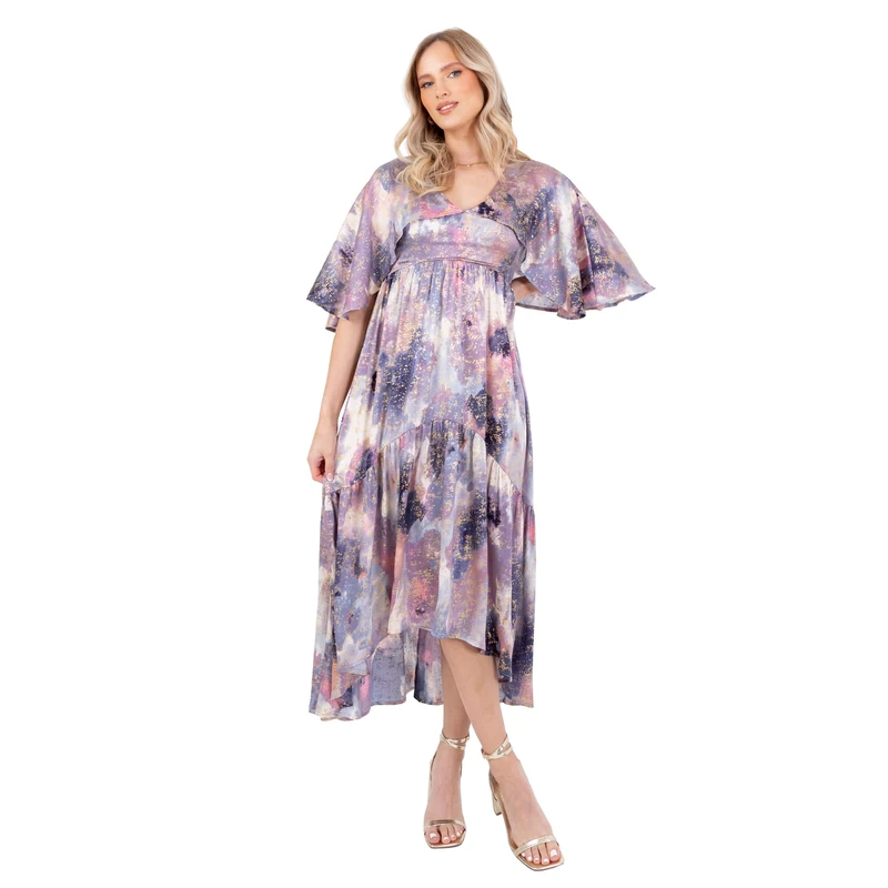 Lovedrobe Women's Midi Dress Ladies Cape Sleeve V-Neck High-Low Tiered Hemline Metallic Empire A-line Evening Occasion, Purple 8