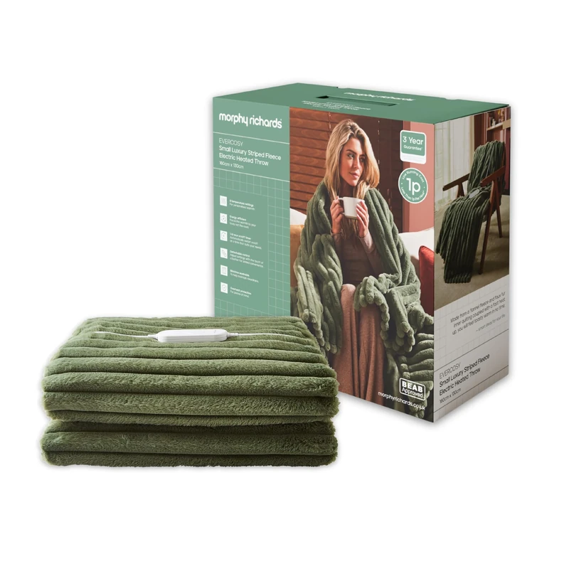 Morphy Richards EverCosy Luxury Striped Fleece Electric Heated Throw, 160x130cm, 9 Heat Settings, Detachable, Teddy and Flannel Fleece, Overheat Protection, Auto Shut Off, 610101