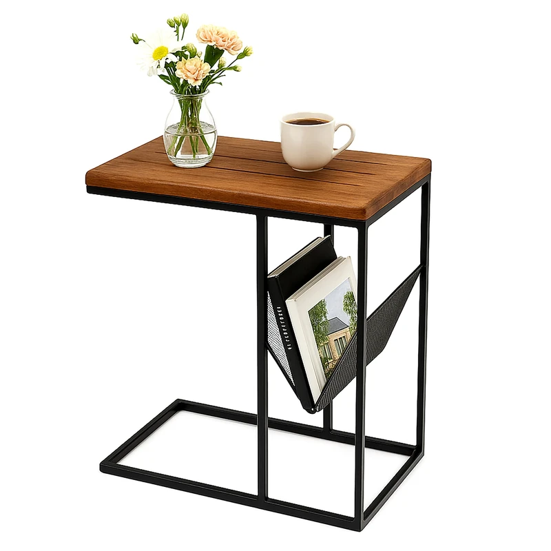 Relaxdays side table with magazine compartment, HWD: 63x30x51 cm, wood, metal, C-shape, industrial design, brown/black - Image 1